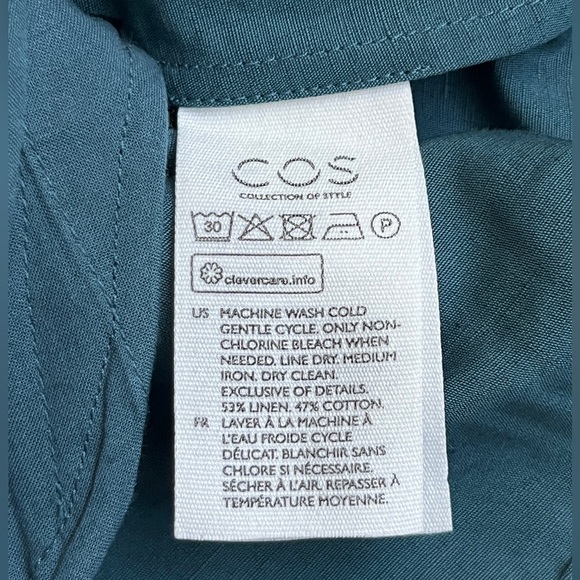 COS Cotton Linen A-Line Shirt Dress Mini Teal Blue Size 8 Minimalist Classic - Picture 8 of 15